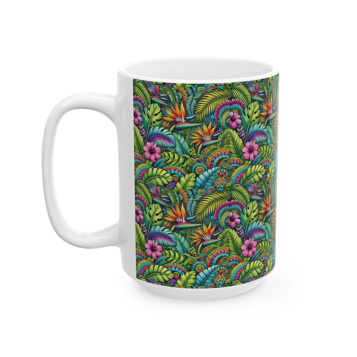 Ceramic White Mug - 11oz & 15oz, Rainforest Blooms
