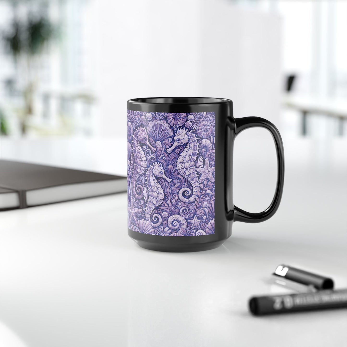Black Coffee Mug - Seahorse Trio, Purple