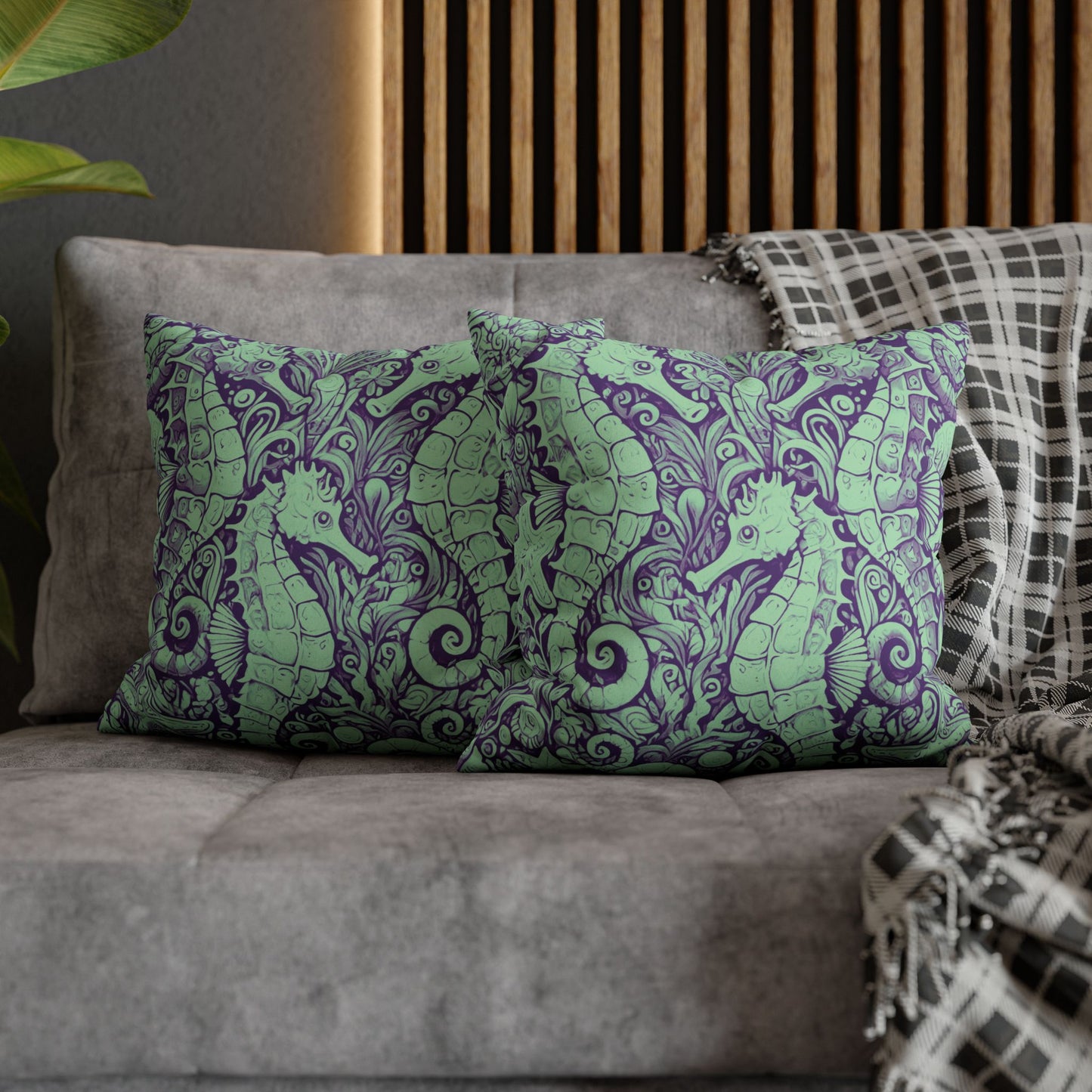 Faux Suede Square Pillowcase - Seahorse Trio, Minty