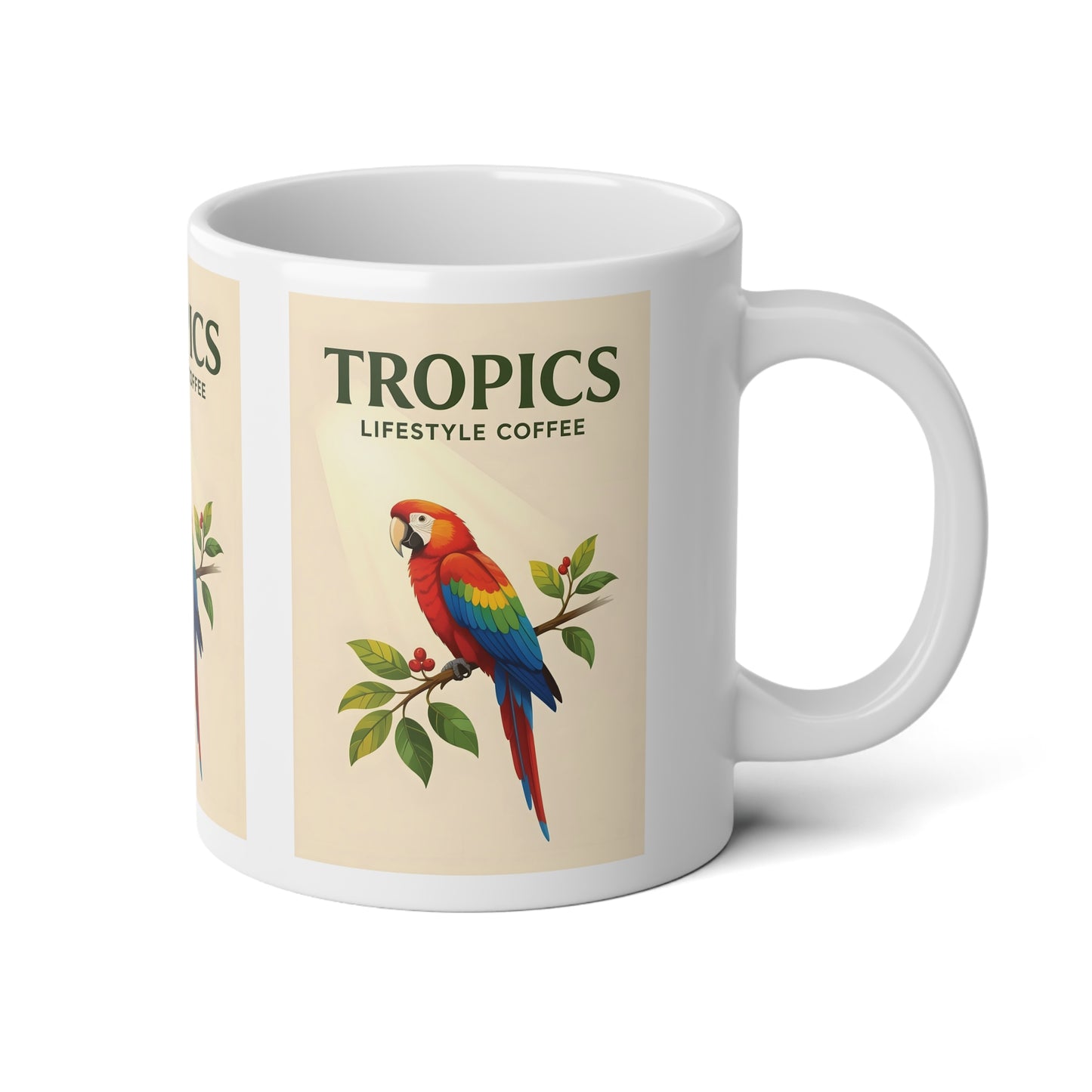 Jumbo Mug, 20oz, Colorful Parrot on Branch TLCoffee Logo | Tropical Coffee Cup