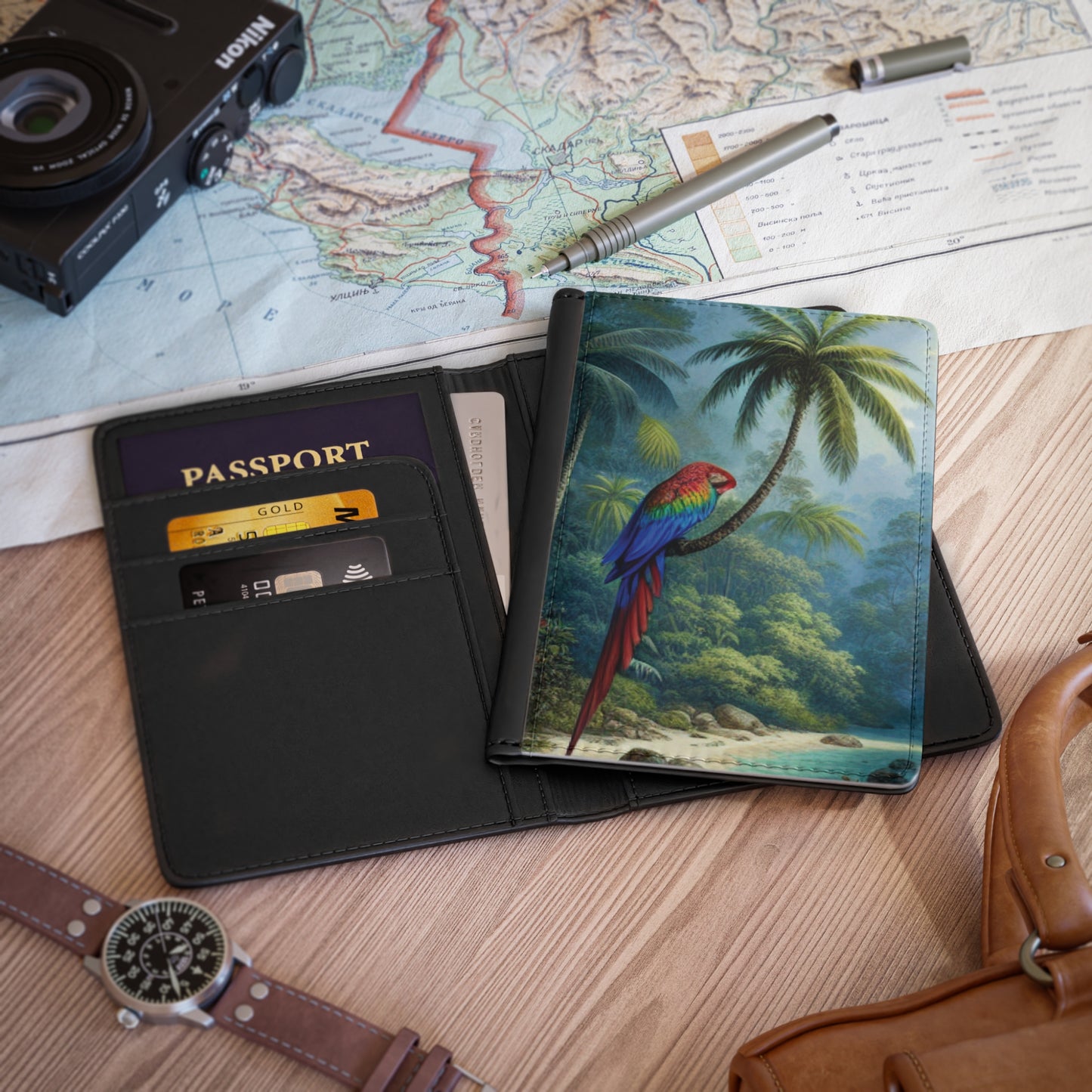 Tropical Passport Cover, Faux Leather - RFID blocking for travel security / Rainforest Sleeping Beauty Parrot