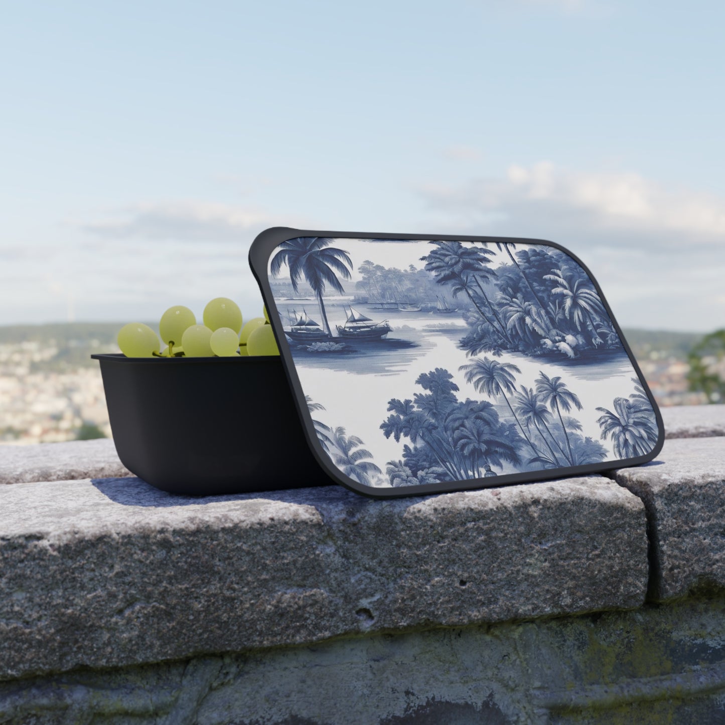 Bento Box with Utensils - Tropical Travel Toile Blue