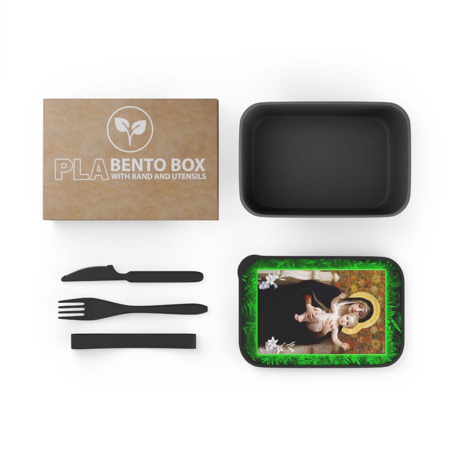 Bento Box with Utensils - Religious Tropical Glow Mary and Baby Jesus