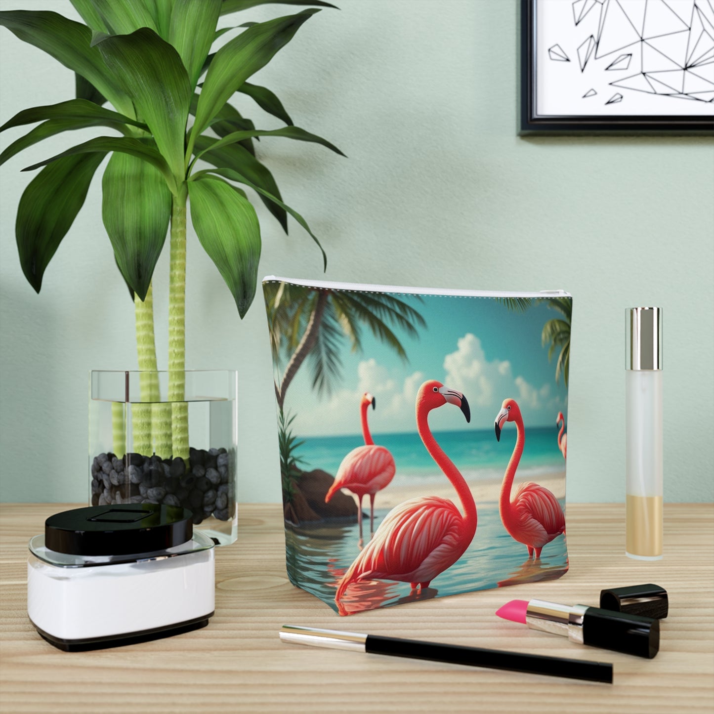 Tropical Cotton Cosmetic Bag, Makeup Pouch, 5 Sizes / Flamingo Morning Dip