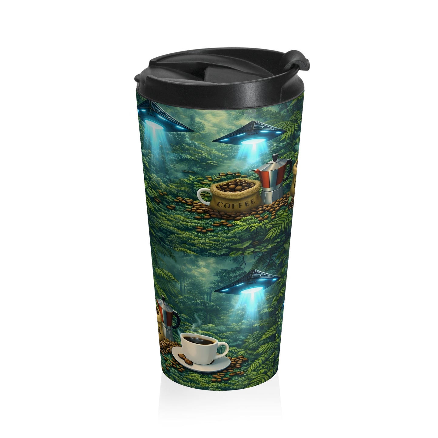 Stainless Steel Travel Mug, 15 oz. — UFO, Coffee Beans & Rainforest Design