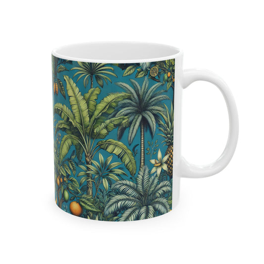 Ceramic White Mug - 11oz & 15oz, Tropical Fruit Blue