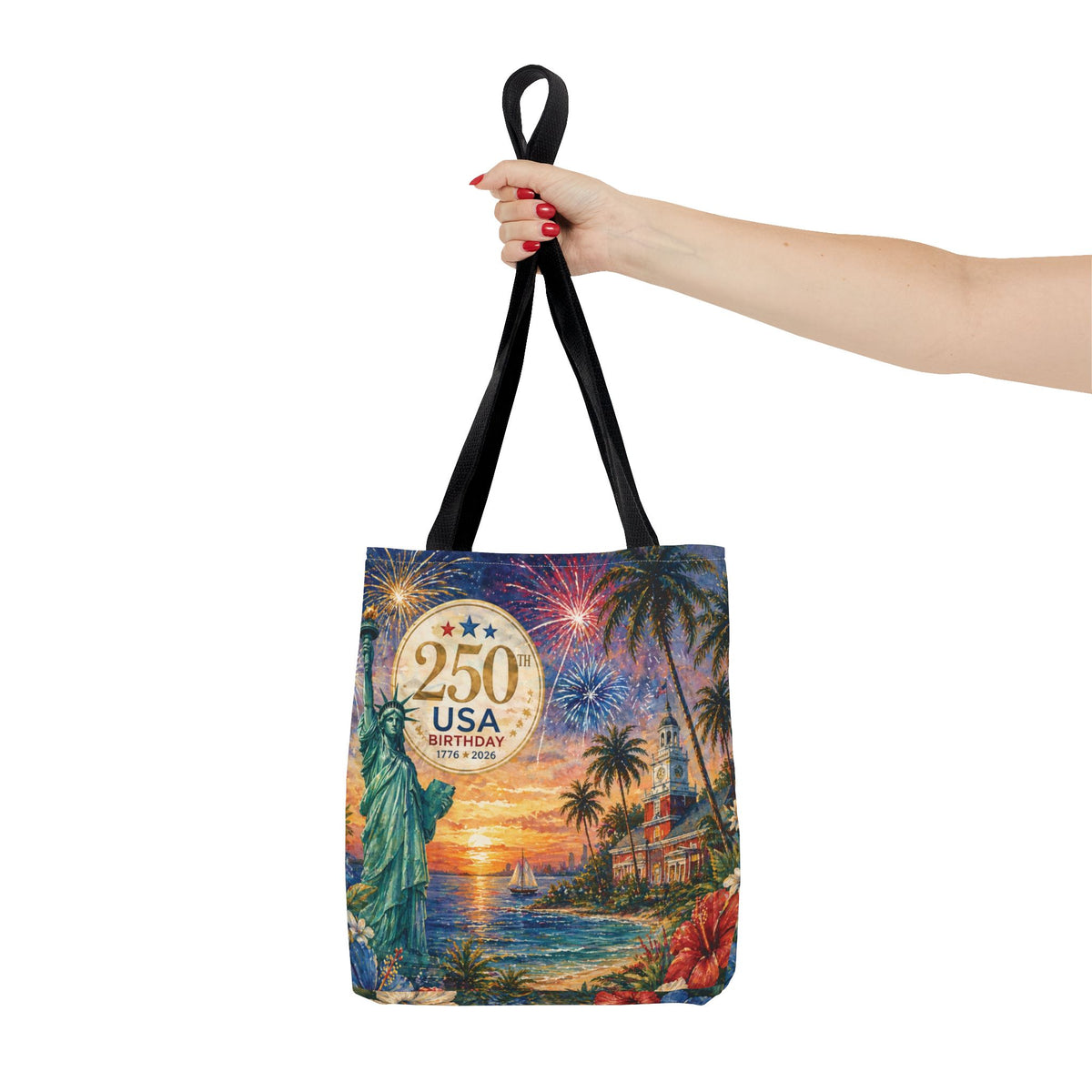 Tote Bag — 250th USA Birthday Patriotic Beach Tote with Statue of Liberty & Fireworks