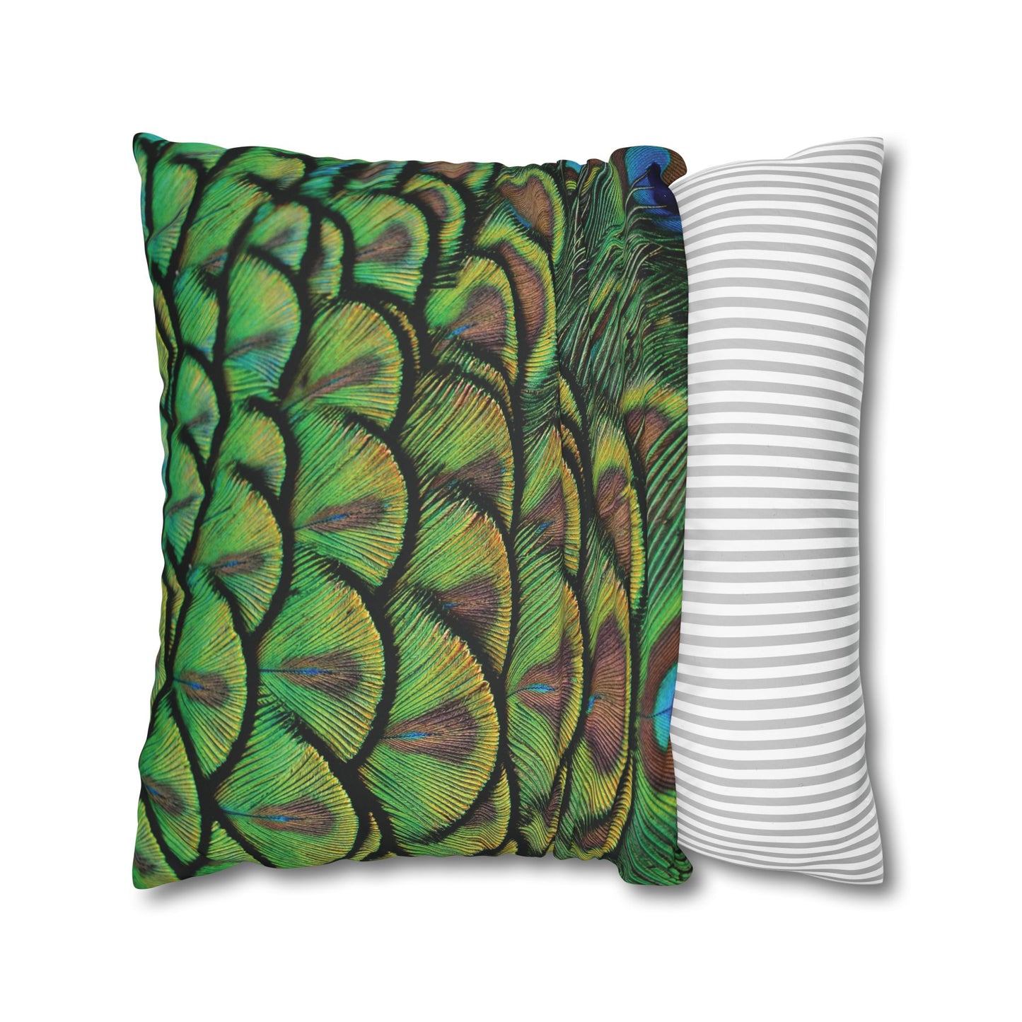 Faux Suede Square Pillowcase - Majestic Green Peacock Feathers