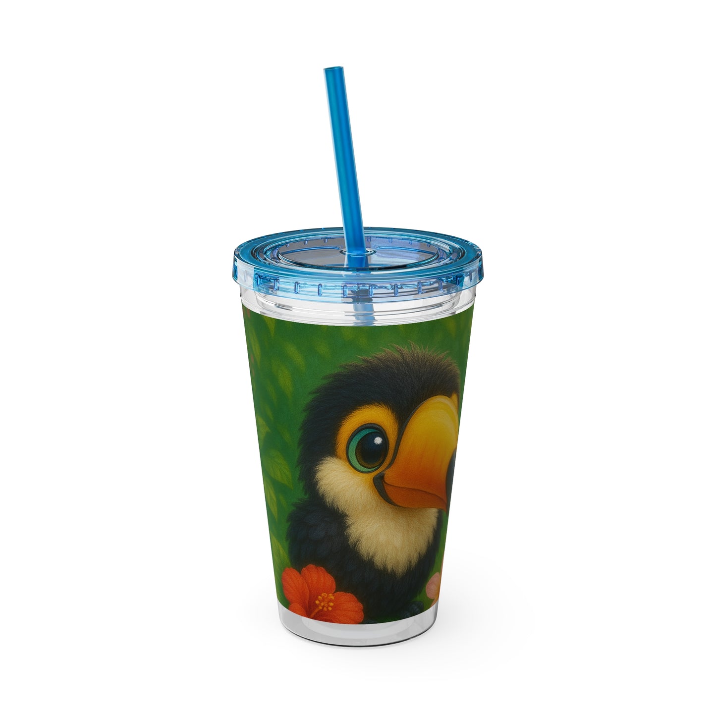 Tropical Tumbler with Straw | 16oz Colorful Travel Cup / Baby Toucans