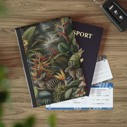 Tropical Passport Cover, Faux Leather - RFID blocking for travel security / Rainforest Rabbit Outing