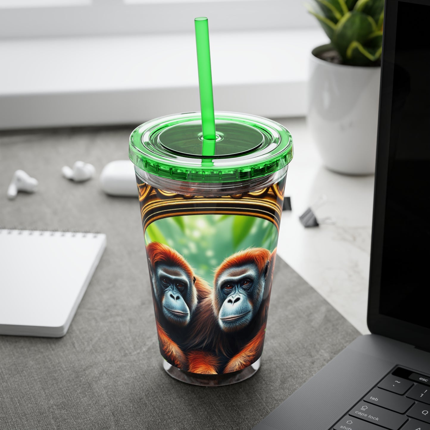 Tropical Tumbler with Straw | 16oz Colorful Travel Cup / Framed Orangutan Apes