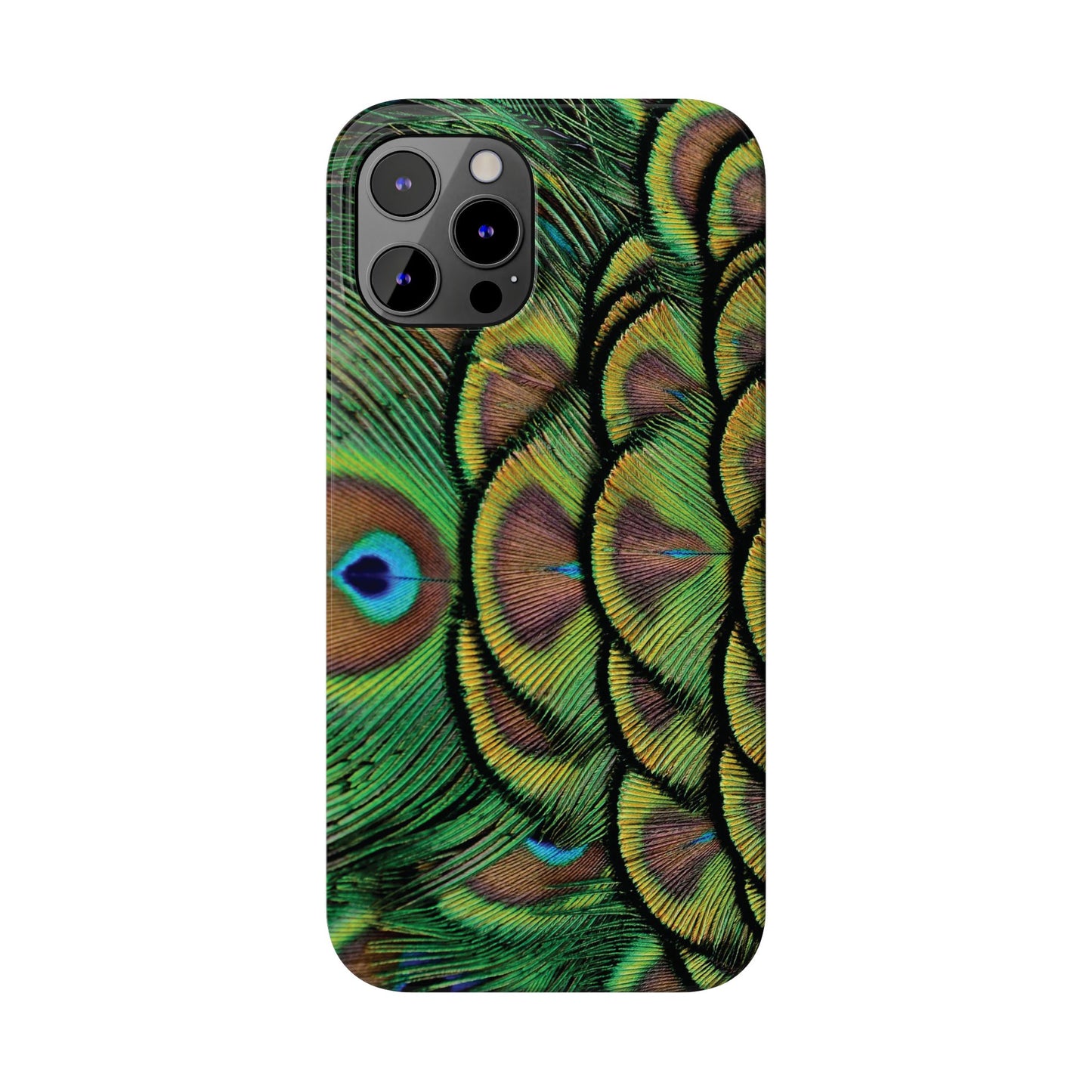 Slim Phone Cases - Brilliant Green Peacock Feathers