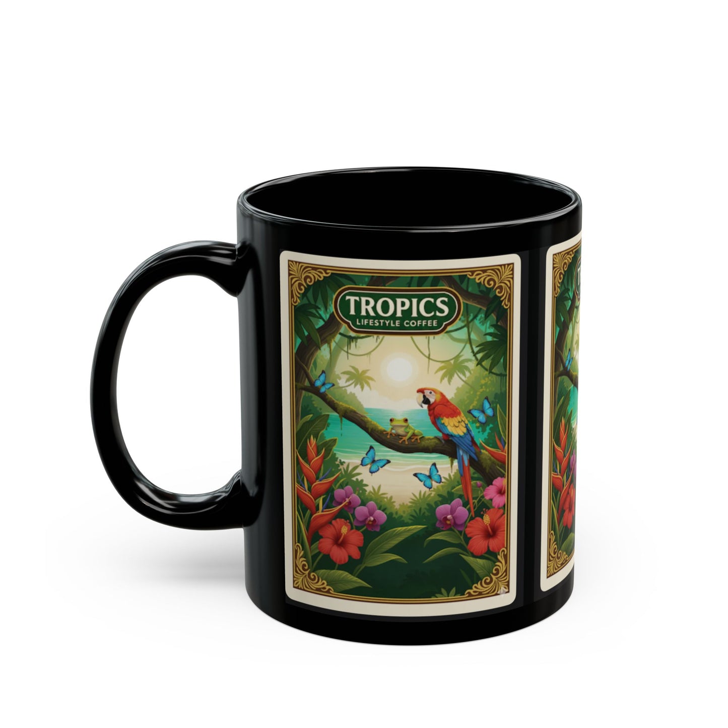 Black Coffee Mug - Parrot at Beach Poster /TLCoffee Logo