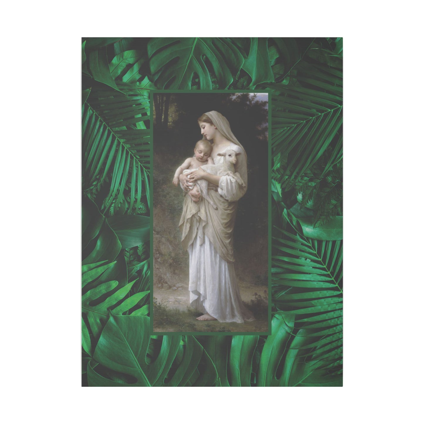 "Tropical Rainforest Innocence" Religious Canvas Artwork - Stretched Canvas Print / Virgin Mary & Jesus