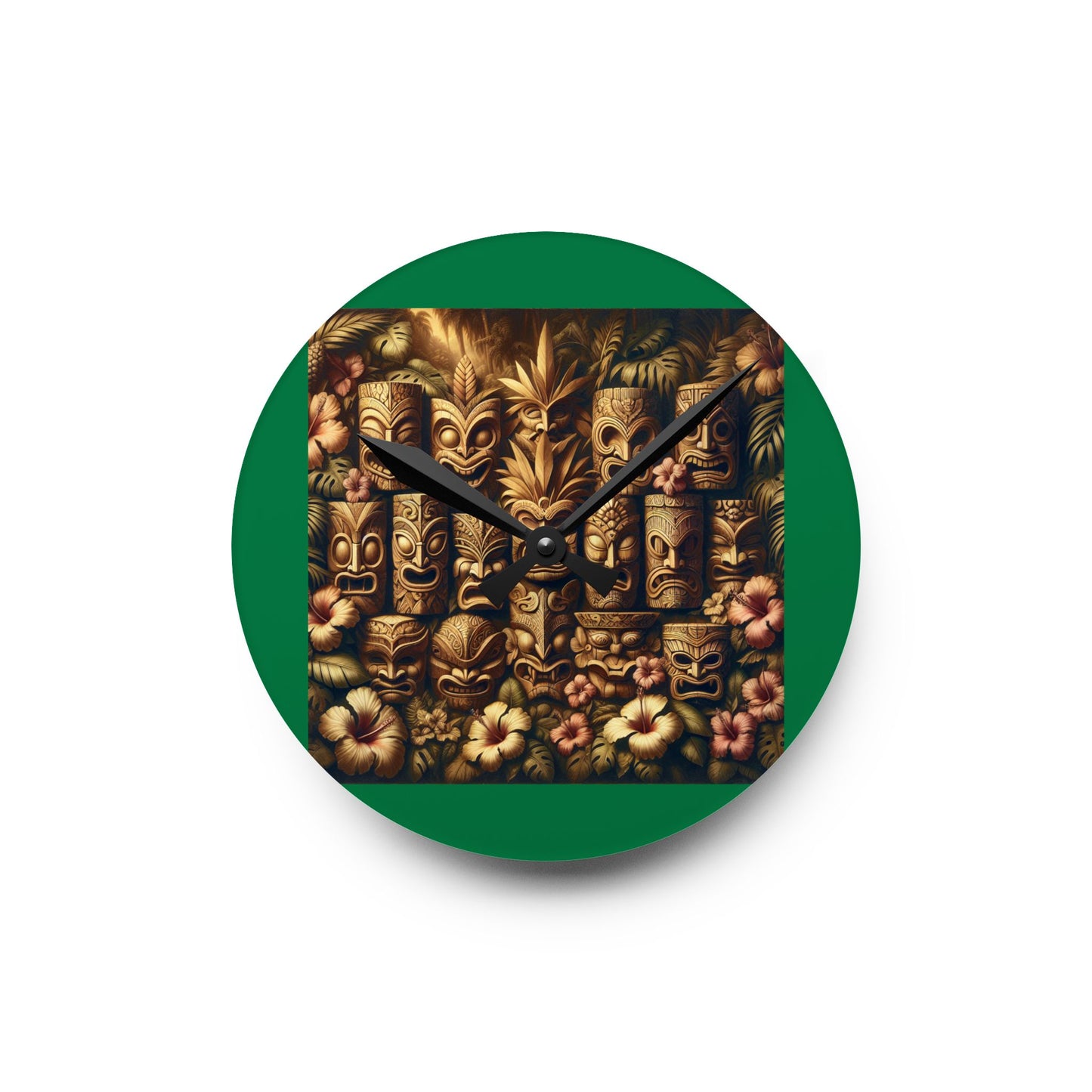 Acrylic Wall Clock / Tiki Totem Faces, Green