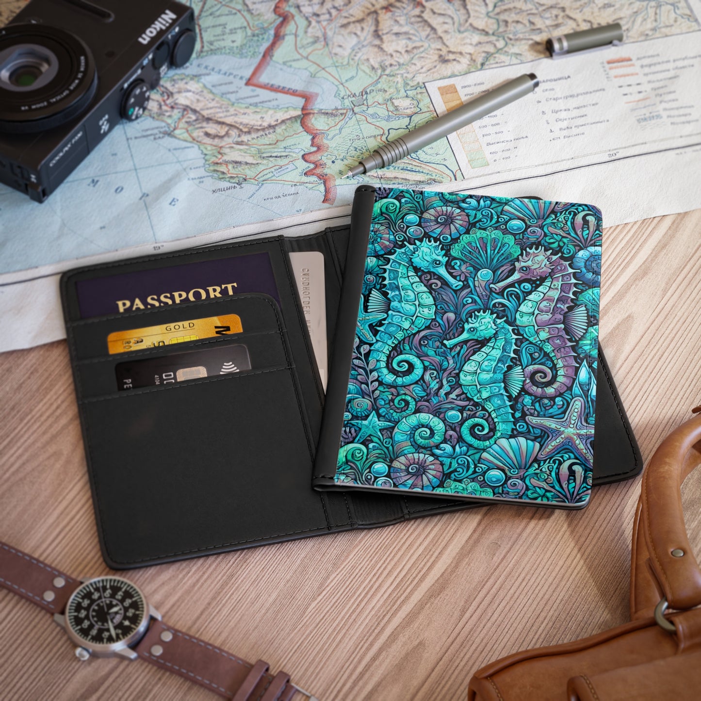 Tropical Passport Cover, Faux Leather - RFID blocking for travel security / Seahorse Trio, Turquoise