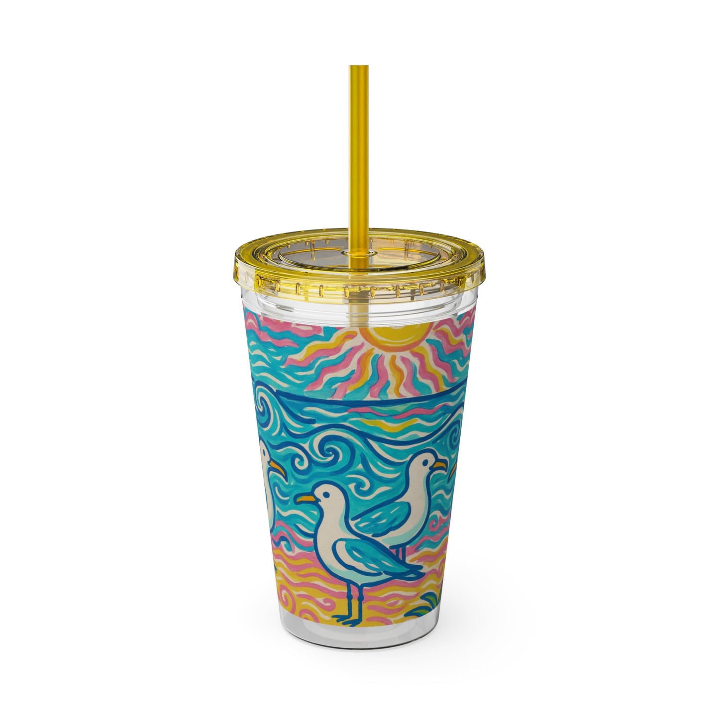 Tropical Tumbler with Straw | 16oz Colorful Travel Cup / Tropical Beach Seagulls