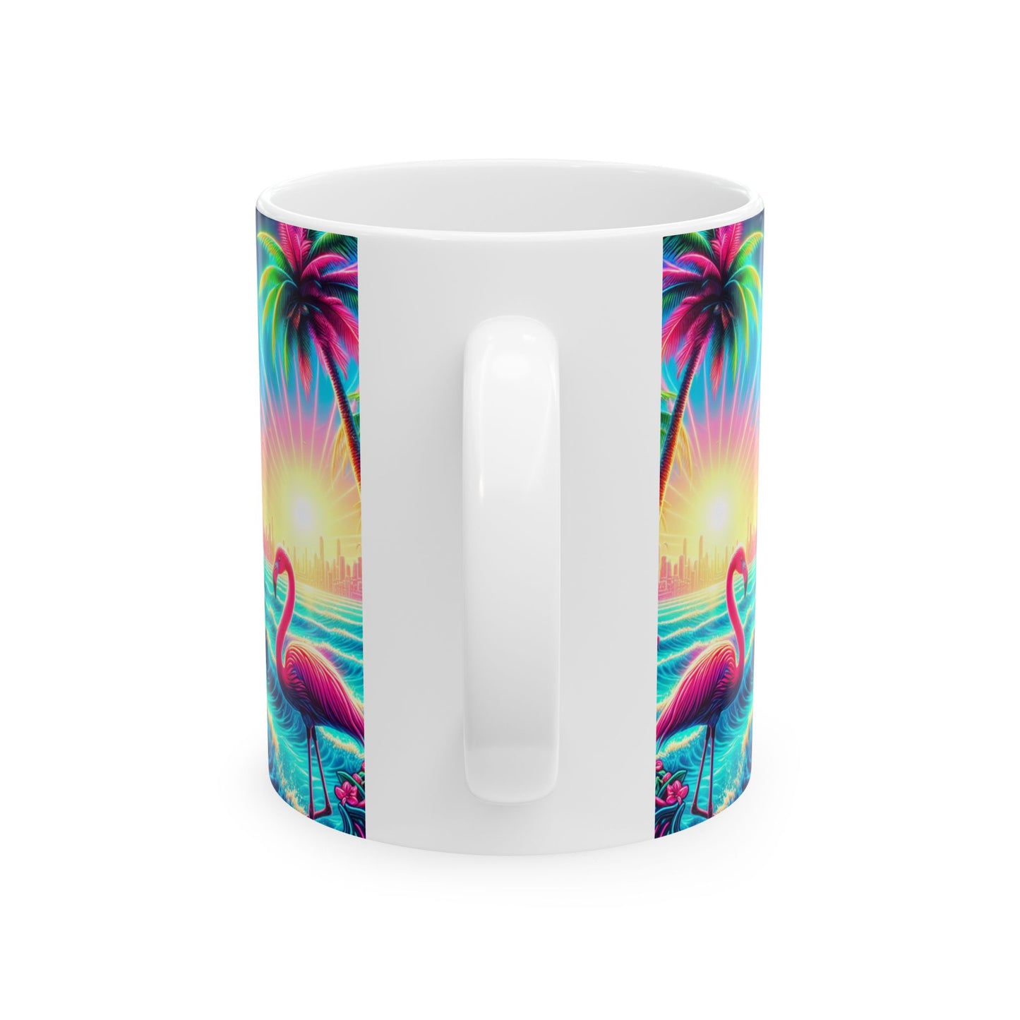 Ceramic White Mug - 11oz & 15oz, / Pop Art Flamingo Beach