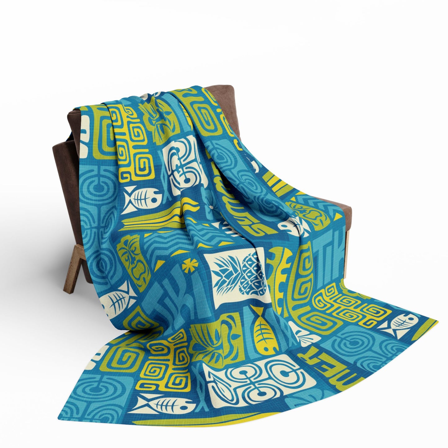 Tiki Poster Blue Fleece Blanket - Colorful Tropical Botanical Design