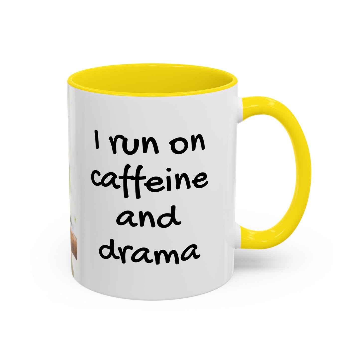 Accent Coffee Mug (11, 15oz), "I Run on Caffeine and Drama!" Parrot / Various Colors