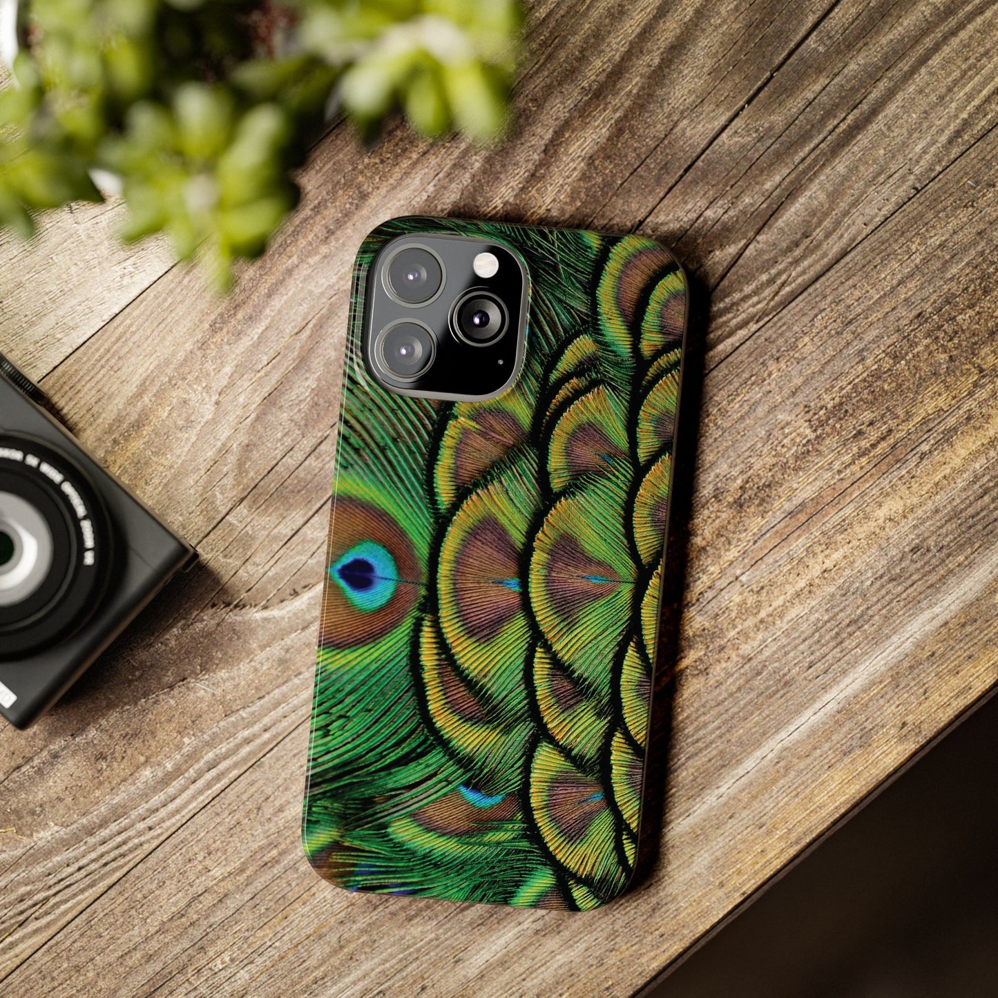 Slim Phone Cases - Brilliant Green Peacock Feathers