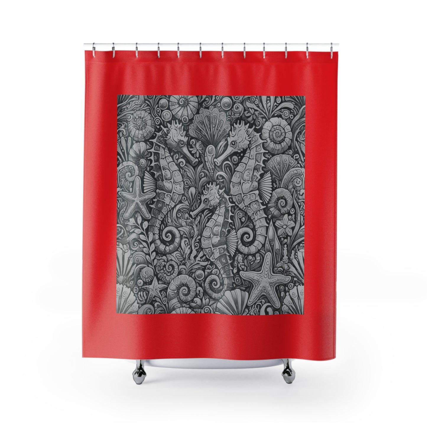 Tropical Shower Curtain - Ocean Bathroom Decor / Seahorse Trio Noir/Red