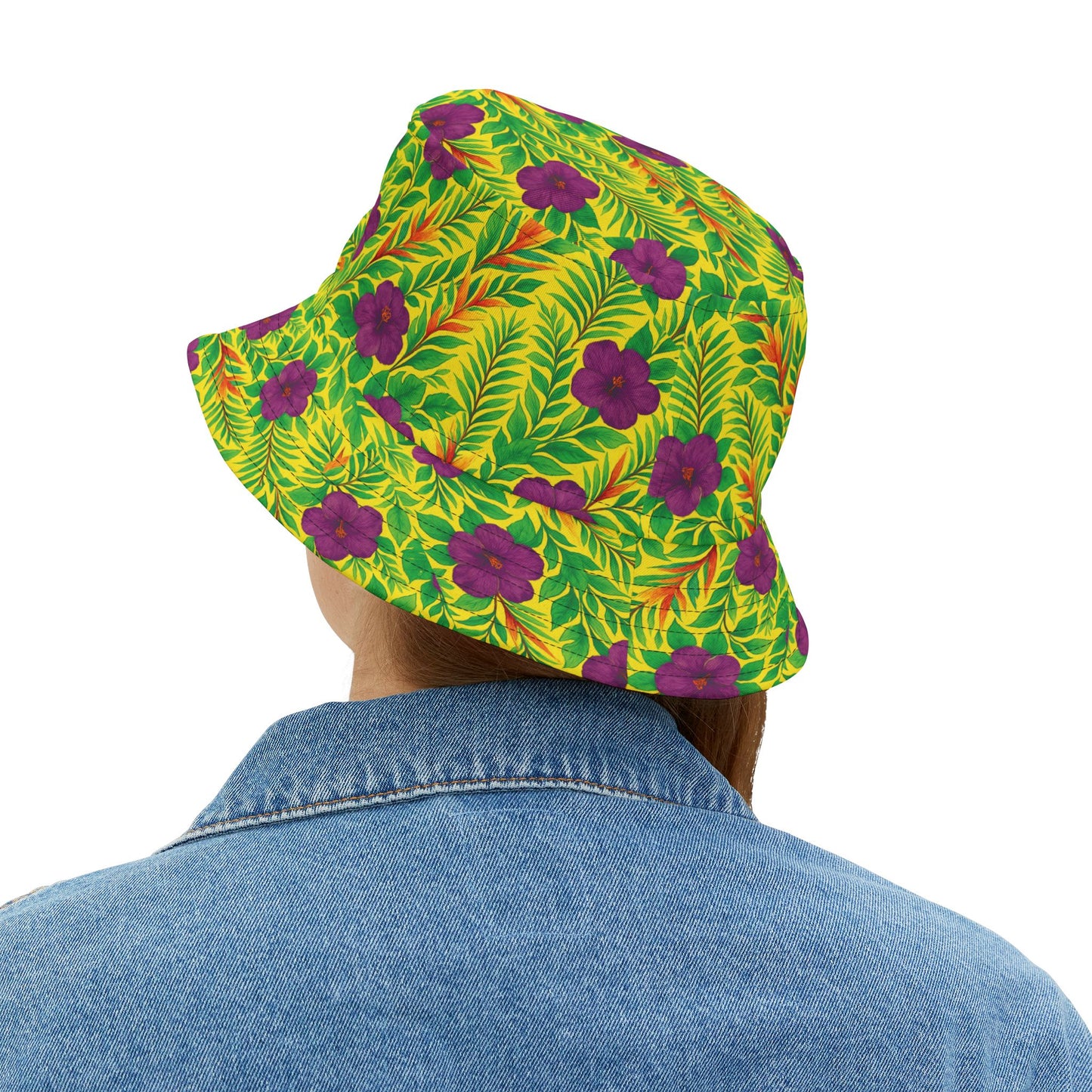 Tropical Polyester Bucket Hat, 2 Sizes - Midnight Flower Yellow