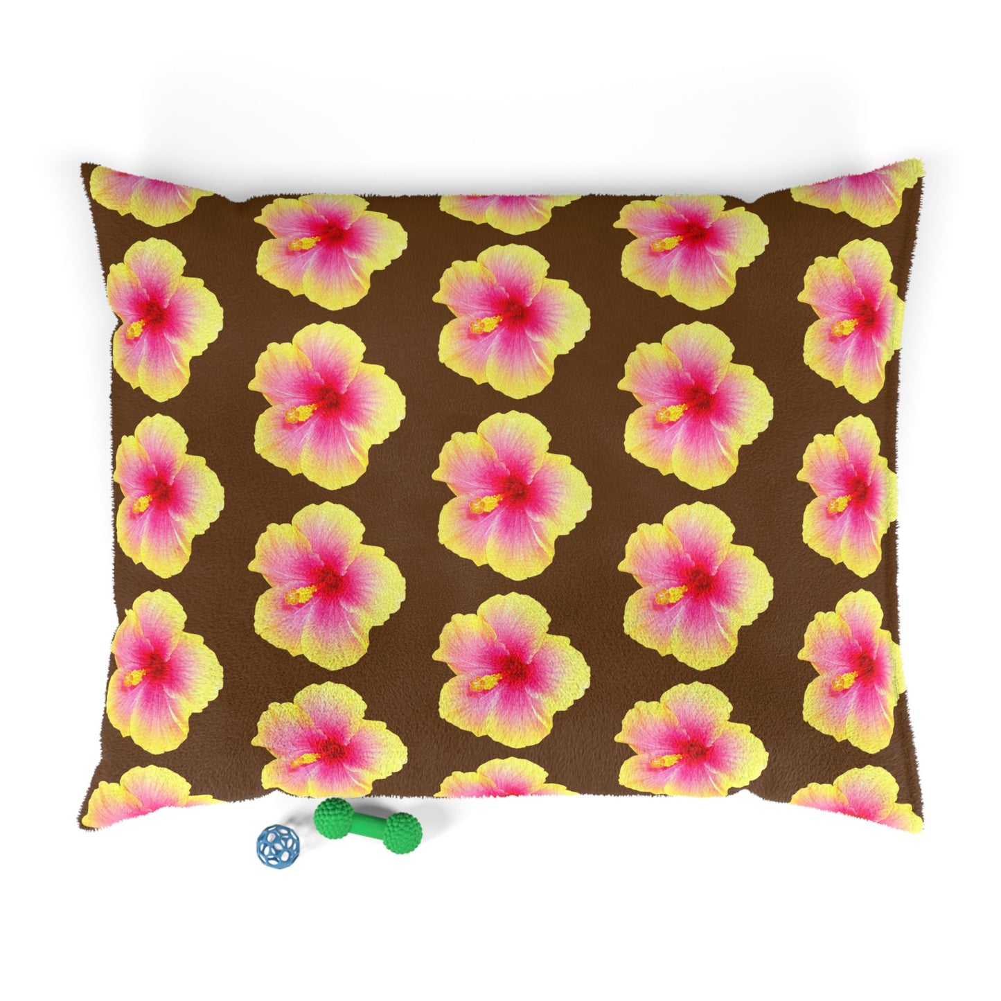 Pet Bed - Cozy and Fun Dog or Cat Bed for Beach Lovers / Real Yellow & Pink Hibiscus/Brown