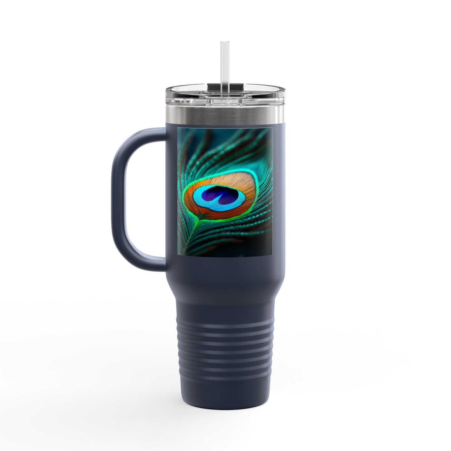 Insulated Travel Mug, 40oz / Peacock Eye Feather, Turquoise- Perfect for Outdoor Adventures