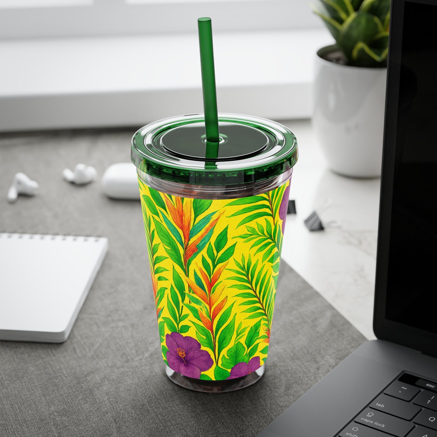 Tropical Tumbler with Straw | 16oz Colorful Travel Cup / Midnight Flower Yellow