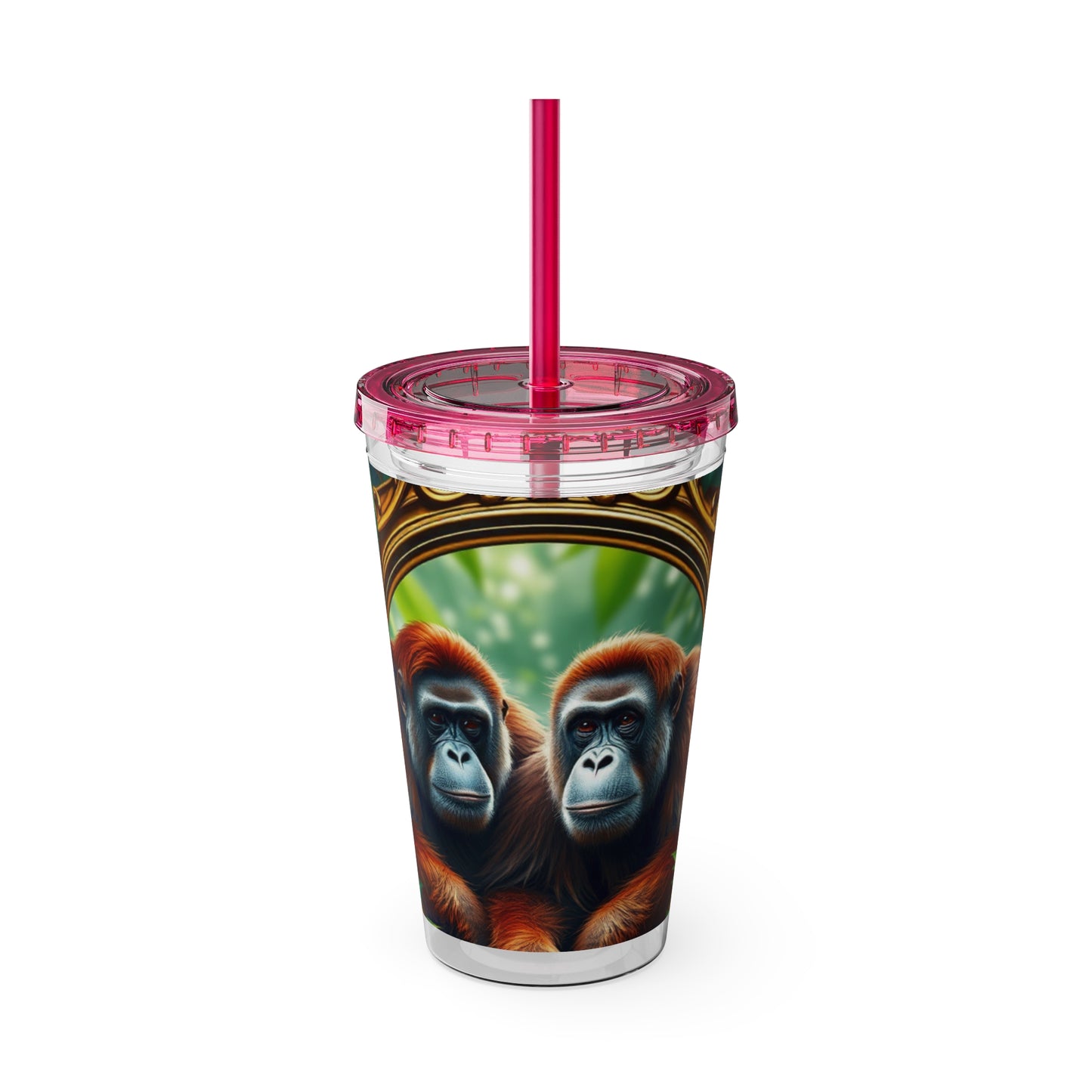 Tropical Tumbler with Straw | 16oz Colorful Travel Cup / Framed Orangutan Apes