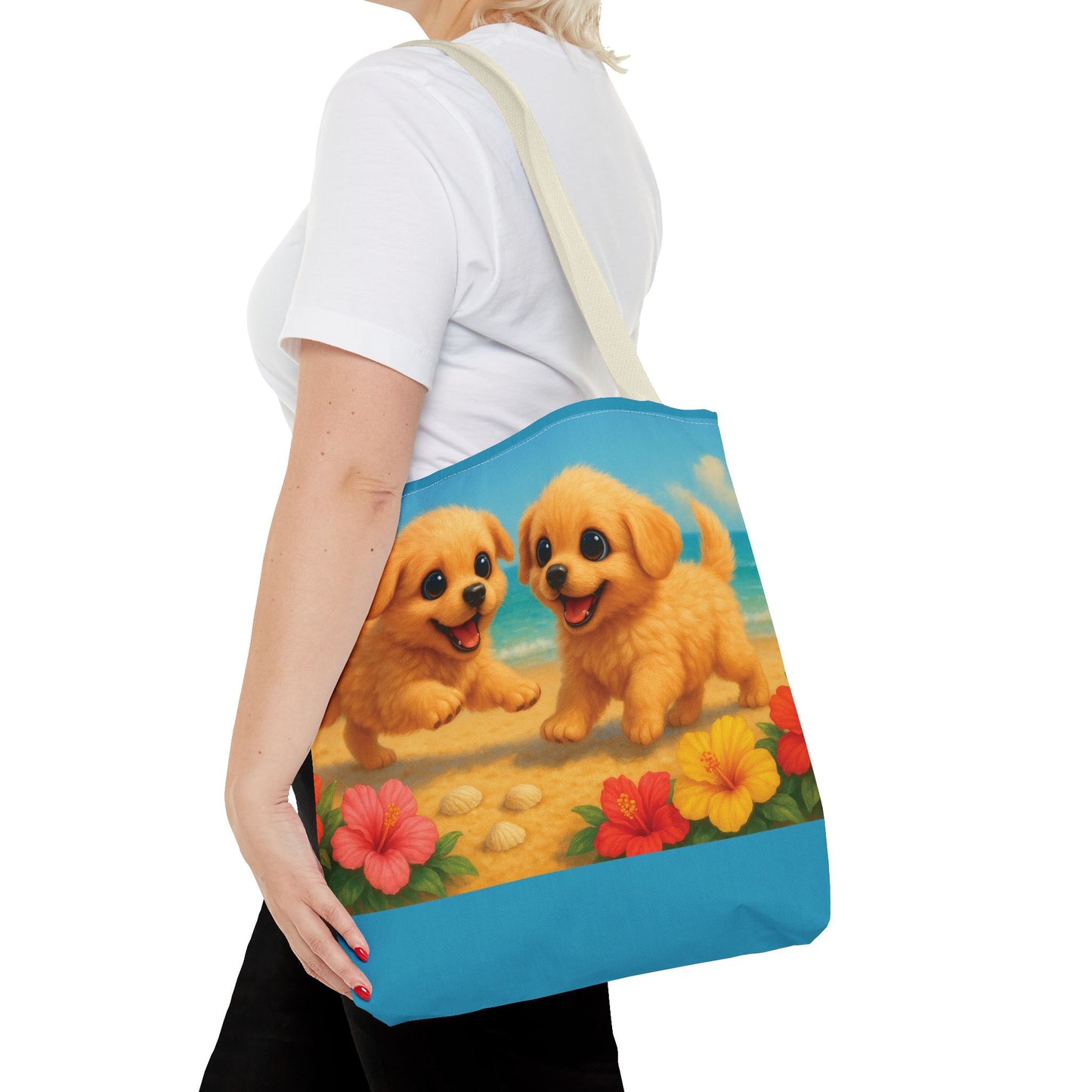 Two Puppies on Beach Tote Bag - 3 Sizes