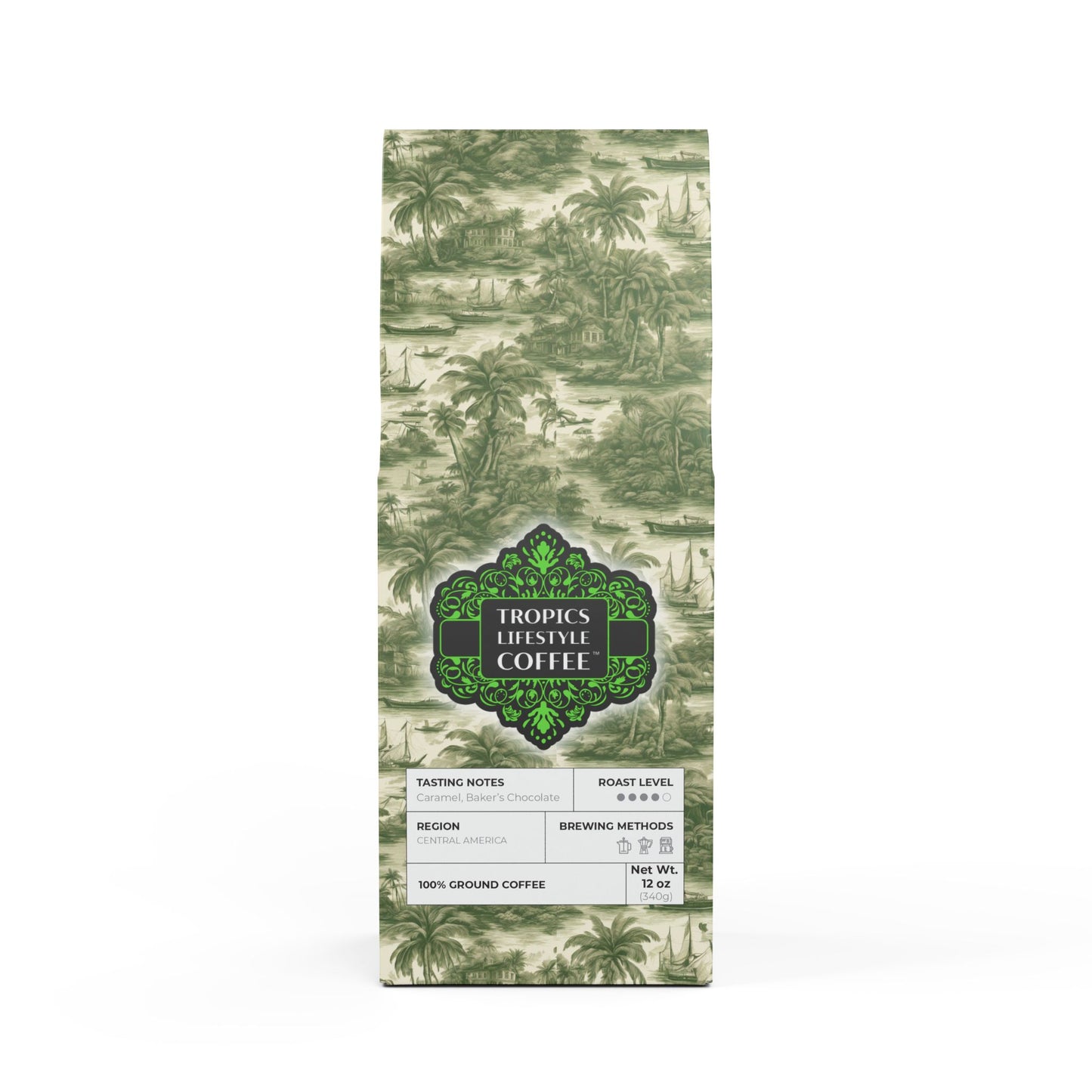 Cocoa Palms Blend™ (Medium-Dark Roast) Specialty Grade Craft Coffee / Tropical Toile, Evergreen