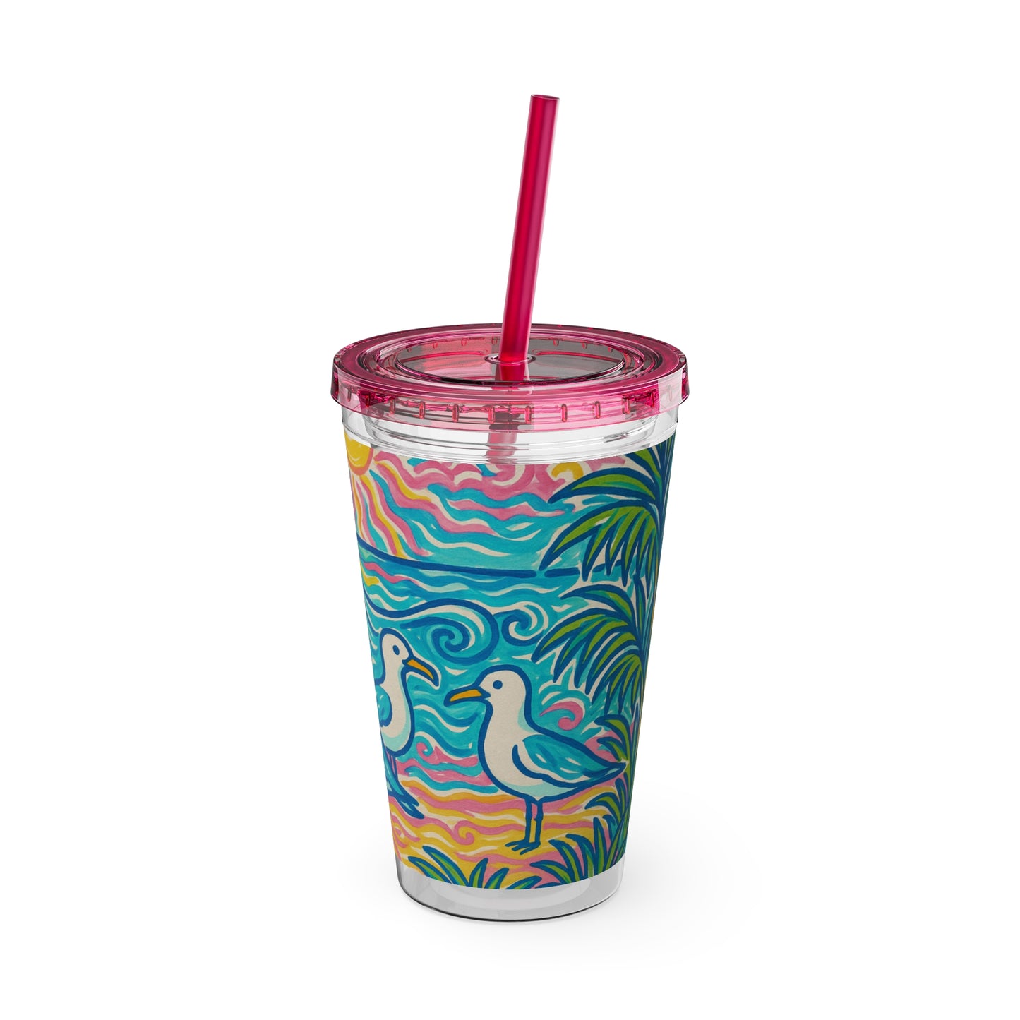 Tropical Tumbler with Straw | 16oz Colorful Travel Cup / Tropical Beach Seagulls