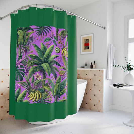 Tropical Shower Curtain - Rainforest Bathroom Decor - More Tropical Fruit/Deep Lilac, Dark Green