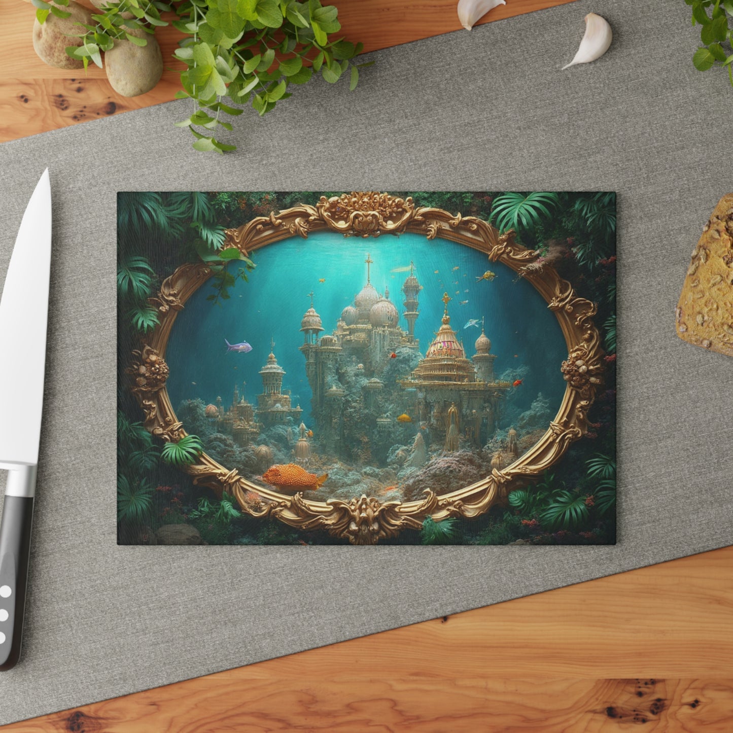 Glass Cutting Board, 2 sizes - Mermaid Palace, Aegean Sea