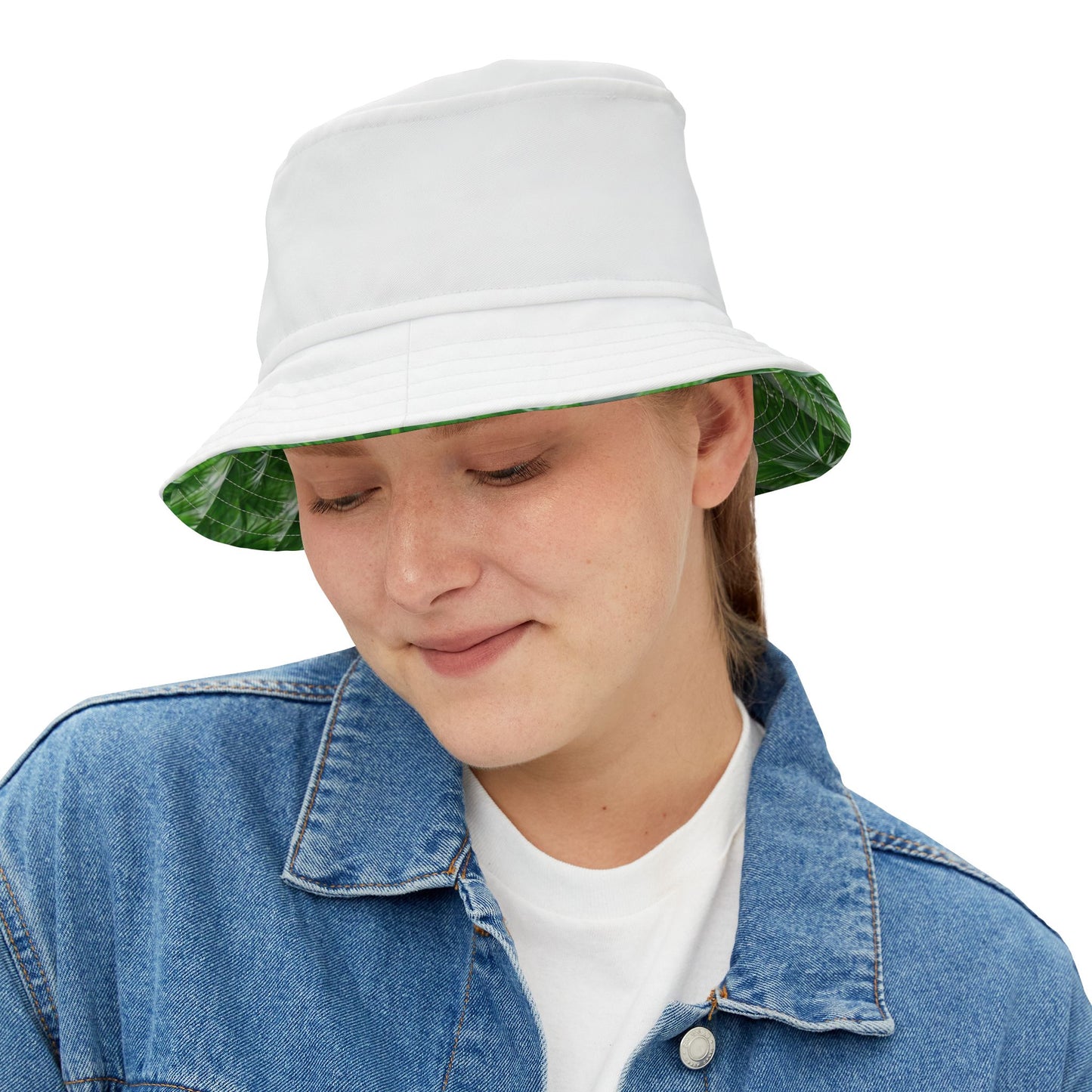 Tropical Polyester Bucket Hat, 2 Sizes - Young Palms/White