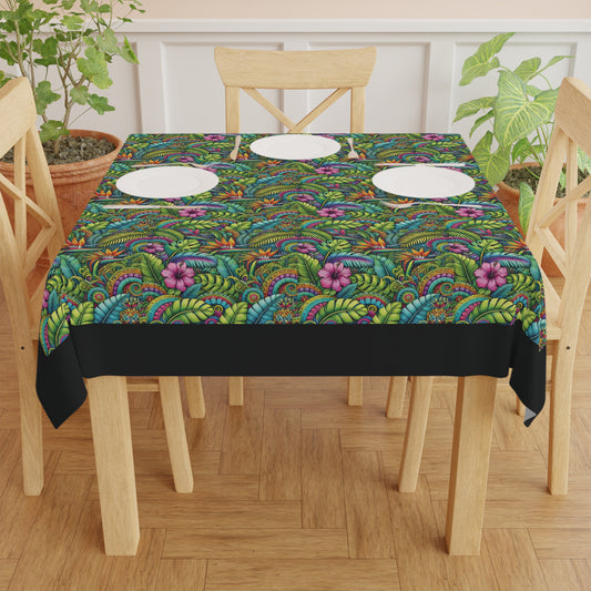 Rainforest Blooms/Black ~ Square Tablecloth, 55" x 55"