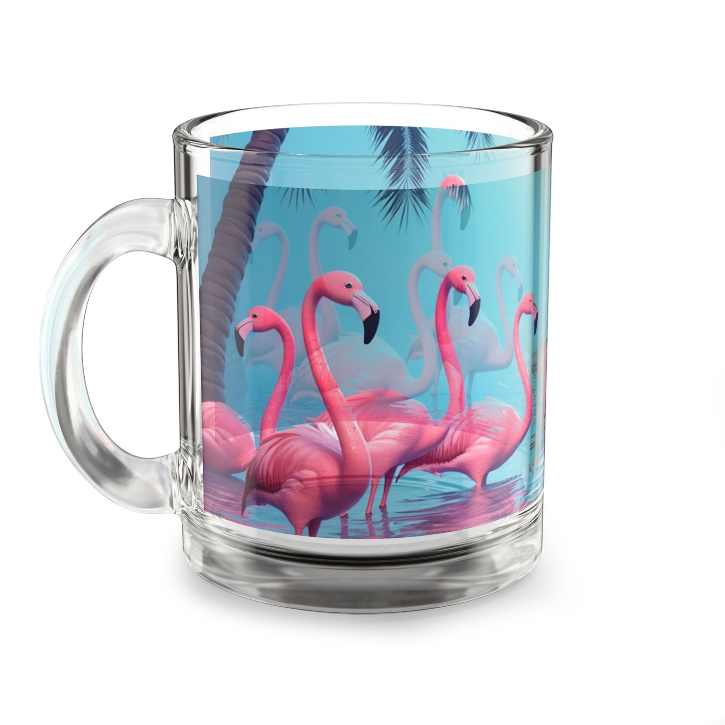Tropical Glass Mug - 10oz Coffee Cup / Moonlit Mermaid and Flamingos
