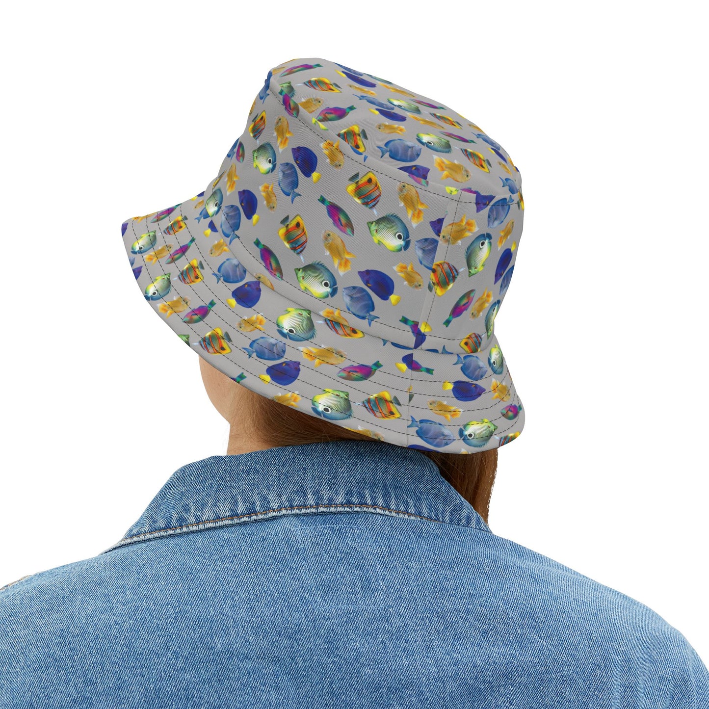 Tropical Polyester Bucket Hat, 2 Sizes - School of Fish / Light Grey