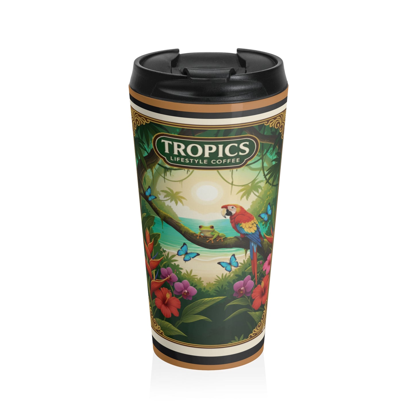 15 oz. Stainless Steel Travel Mug / Parrot & Friends, Light Brown