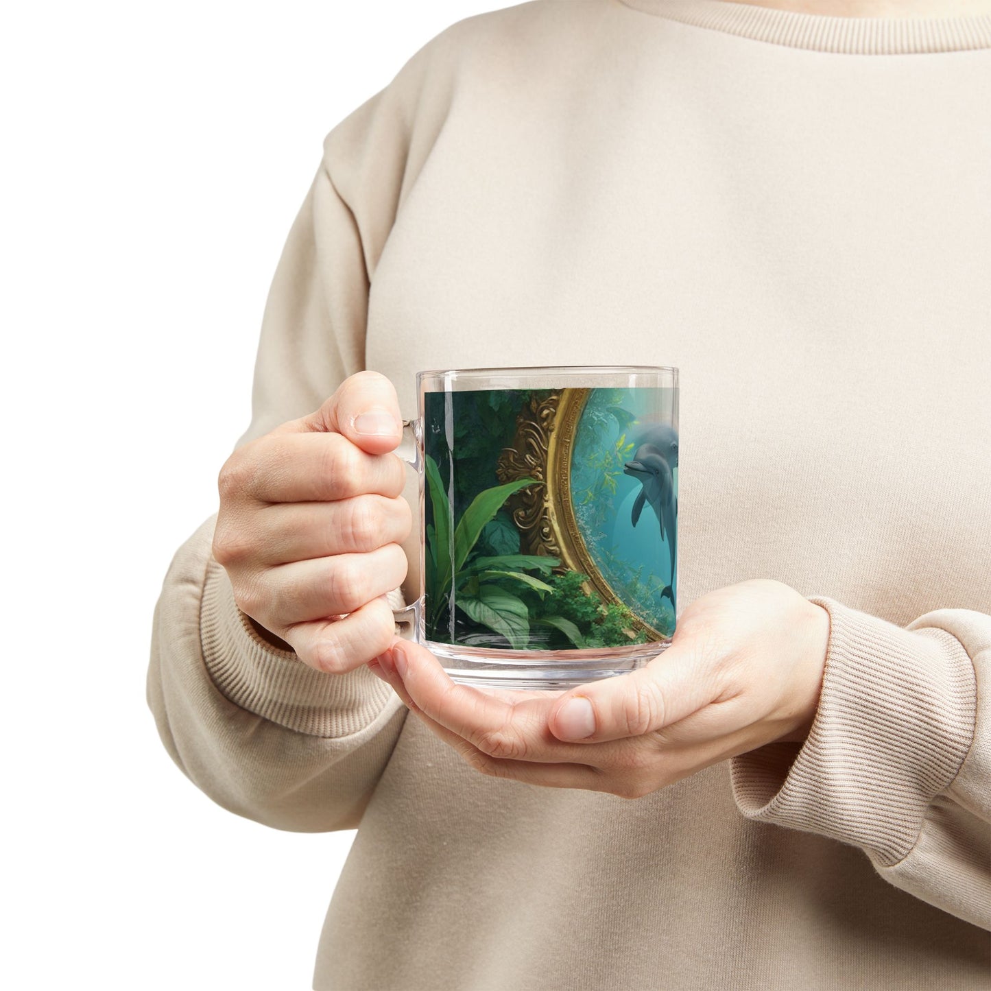 Tropical Glass Mug - 10oz Coffee Cup / Framed Dolphins