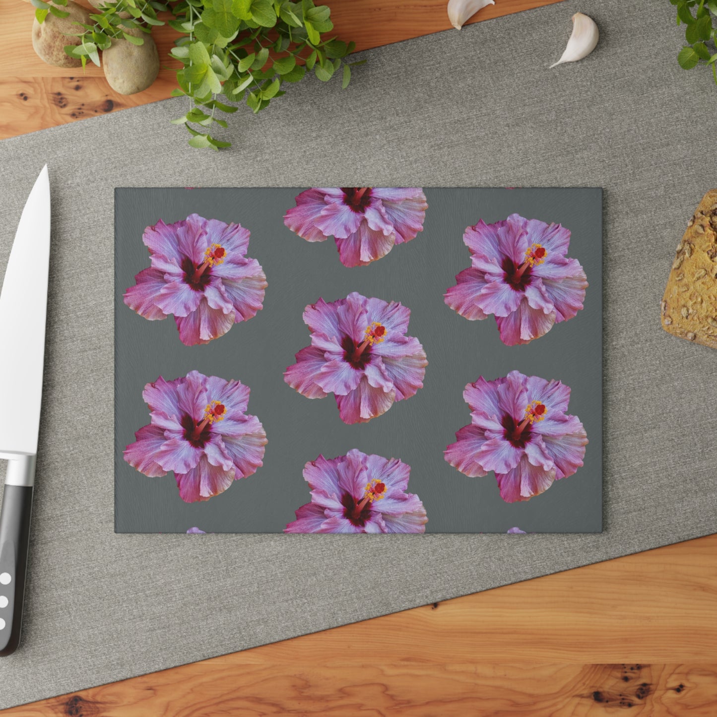 Glass Cutting Board, 2 sizes - Real Purple Hibiscus/Dark Grey