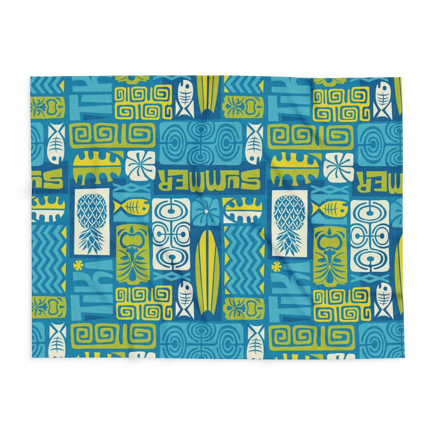 Tiki Poster Blue Fleece Blanket - Colorful Tropical Botanical Design