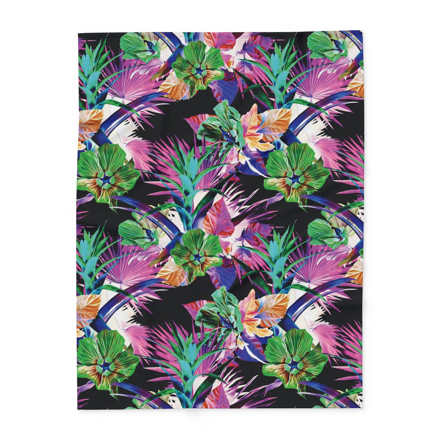 Black Plant Palooza Fleece Blanket - Colorful Tropical Botanical Design