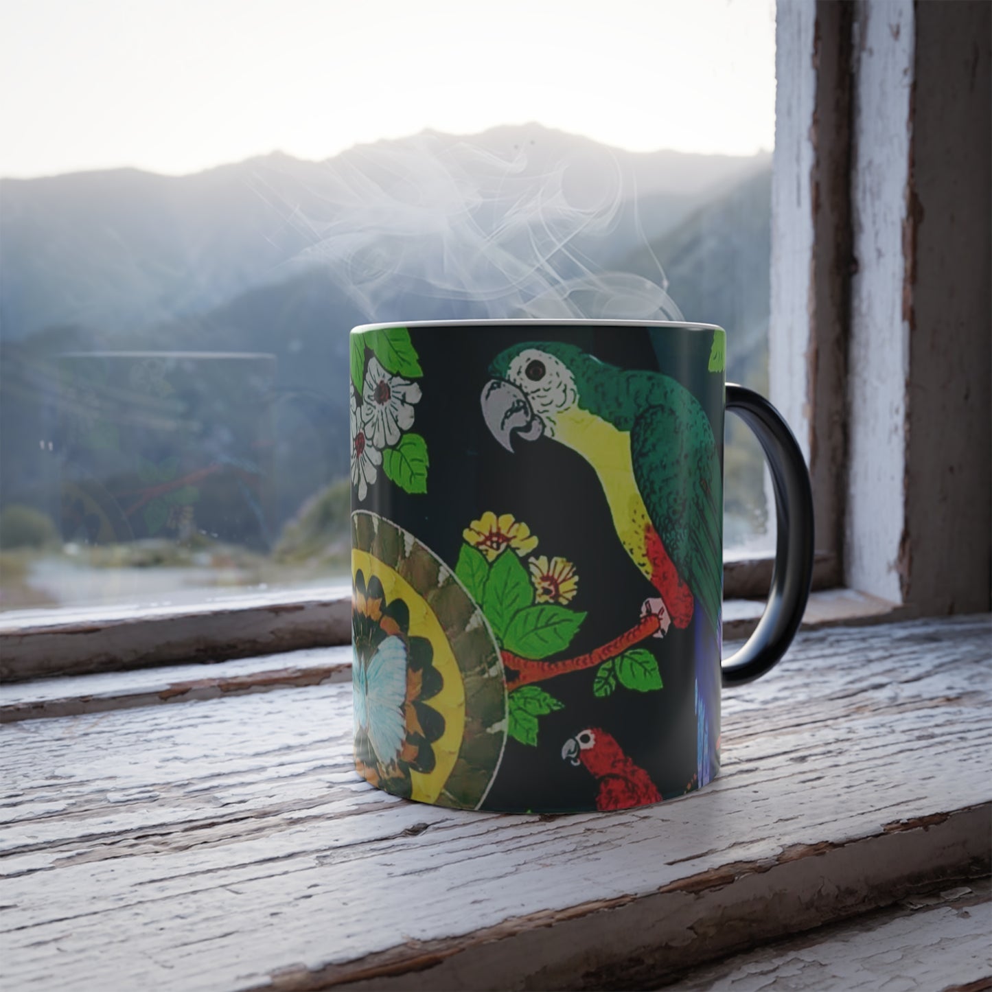 Color Morphing Mug, 11oz, Parrots & Butterfly/Real Wings