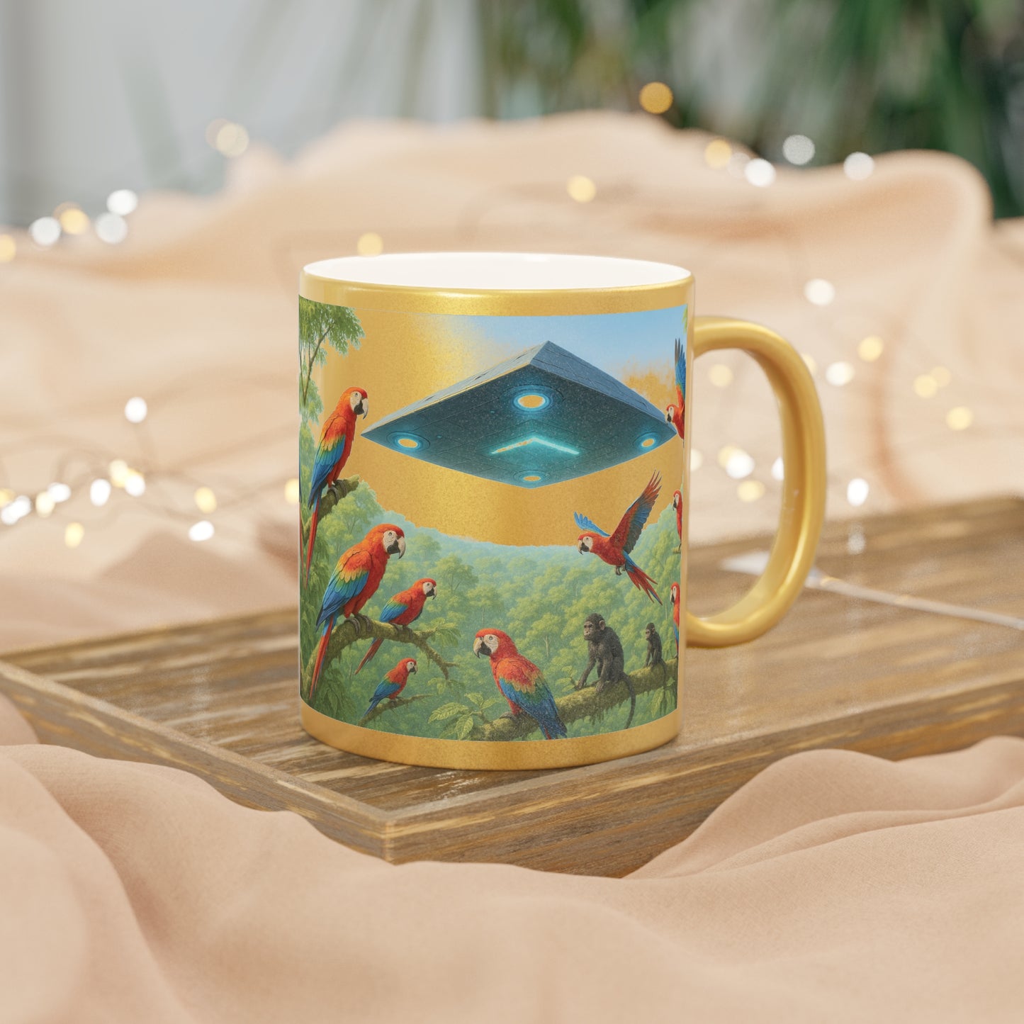 Tropical Metallic Mug, Gold or Silver: UFO and Parrots