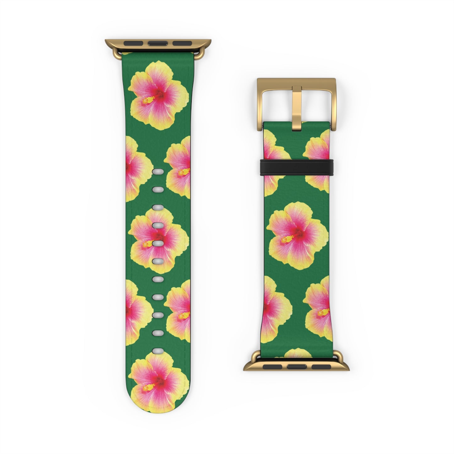 Apple Watch Band - REAL Yellow/Orange Hibiscus Flower, Dark Green