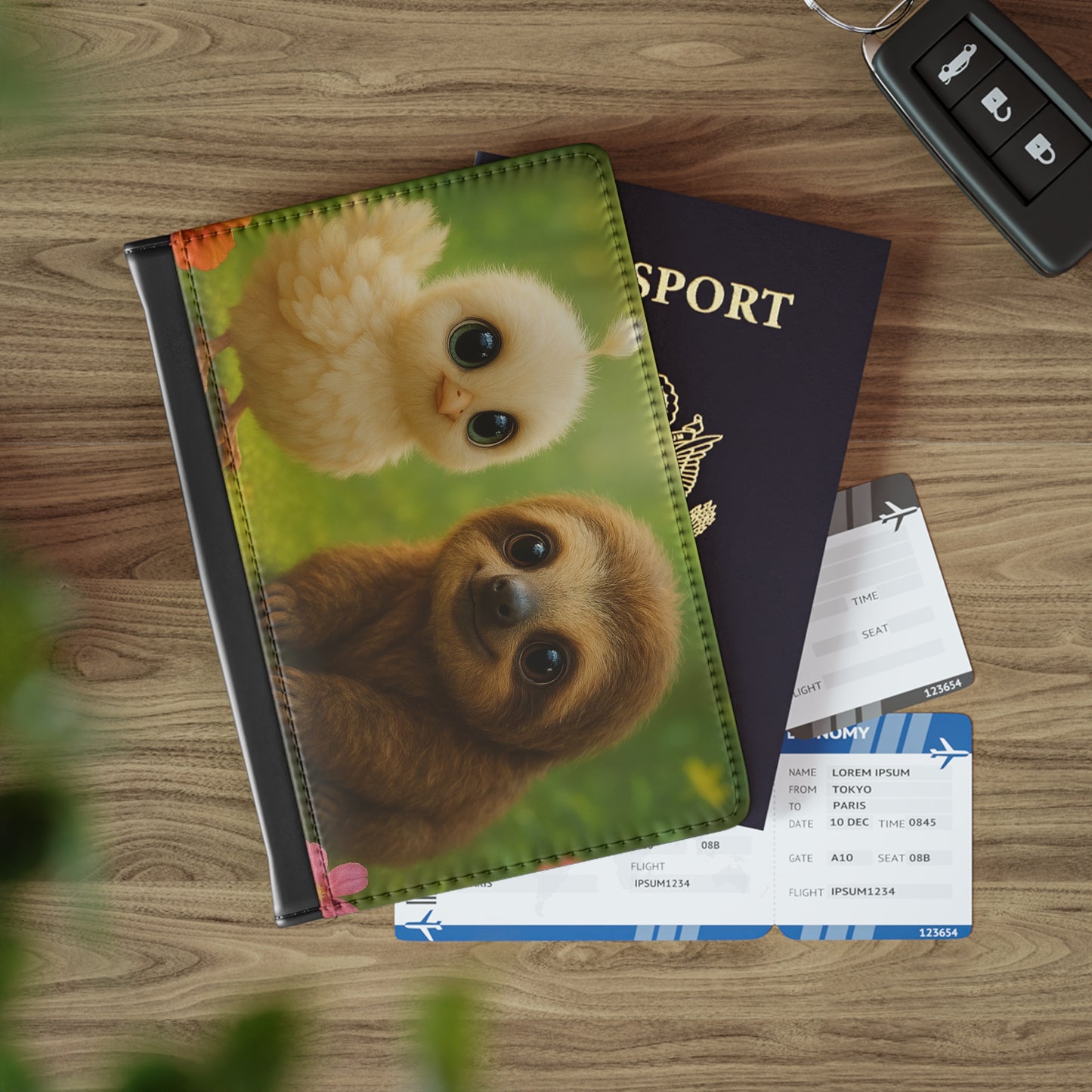 Tropical Passport Cover, Faux Leather - RFID blocking for travel security / Baby White Peacock and Baby Capybara