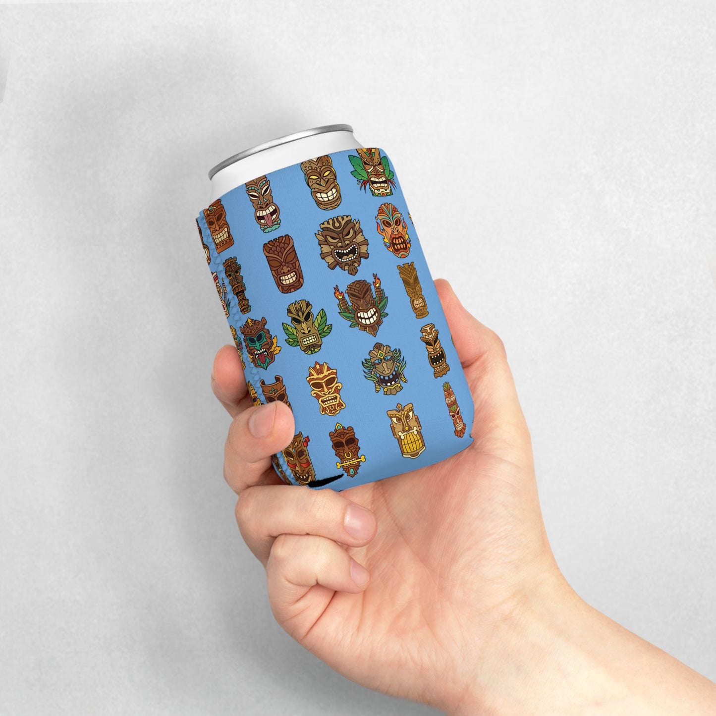 Tiny Tiki Dudes/Lt. Blue Can Cooler Sleeve - Perfect for Outdoor Picnics